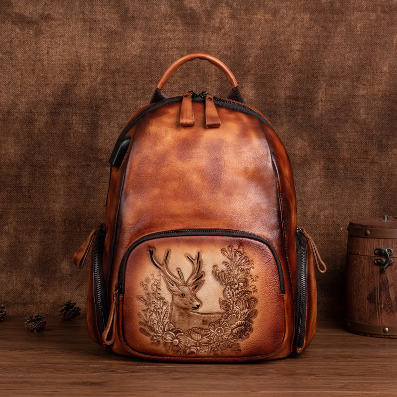 Retro Polished Top Layer Cowhide Personalized Deer Head Backpack