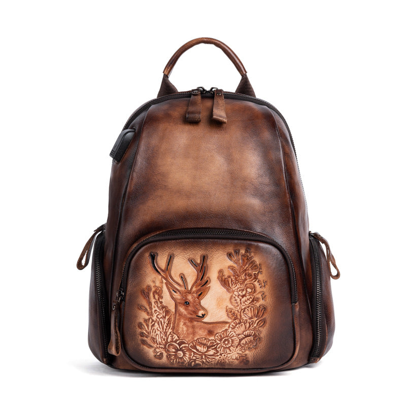 Retro Polished Top Layer Cowhide Personalized Deer Head Backpack