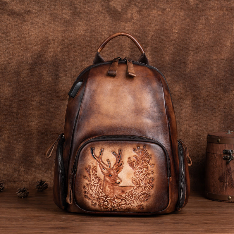 Retro Polished Top Layer Cowhide Personalized Deer Head Backpack
