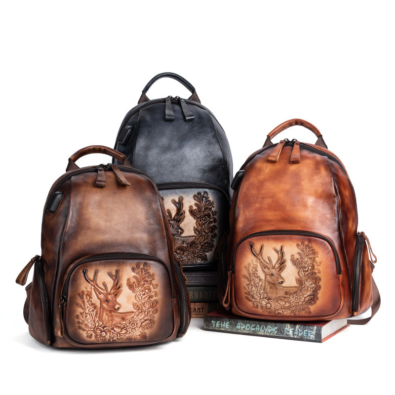 Retro Polished Top Layer Cowhide Personalized Deer Head Backpack