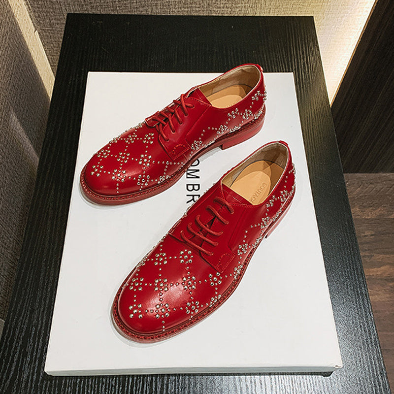 Spring Patent Leather Rivets British Style Net Red Black Small Leather Shoes