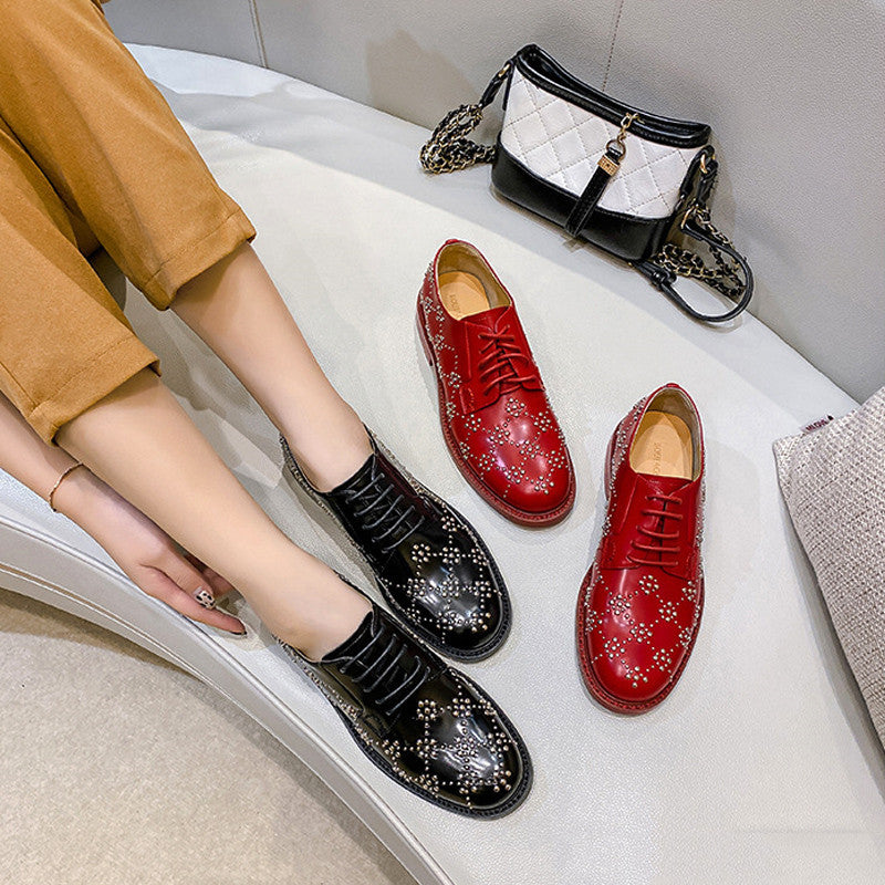 Spring Patent Leather Rivets British Style Net Red Black Small Leather Shoes