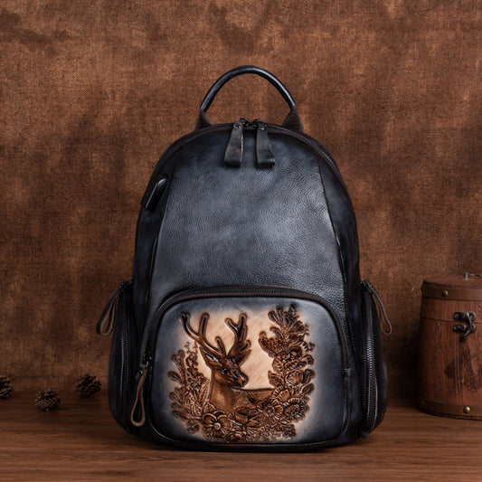 Retro Polished Top Layer Cowhide Personalized Deer Head Backpack
