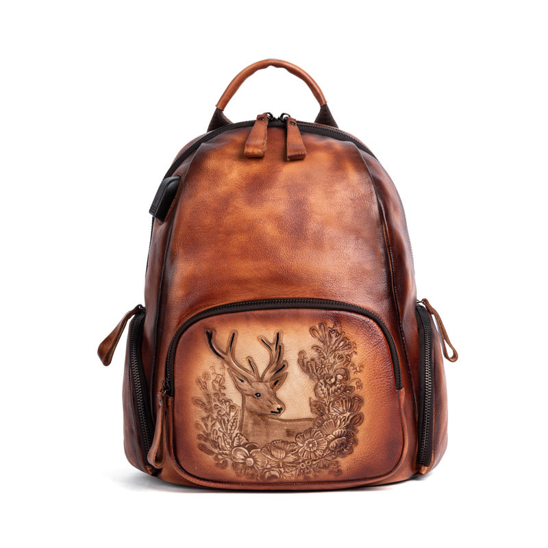 Retro Polished Top Layer Cowhide Personalized Deer Head Backpack
