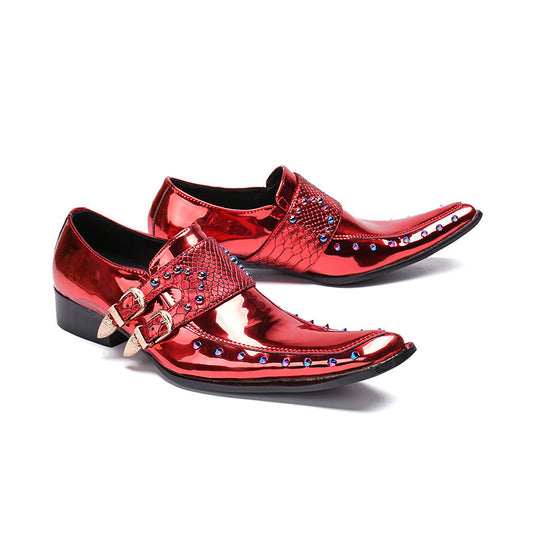 Business Suit Leather Shoes Men's Pointed Patent Leather Embossed Wine Red