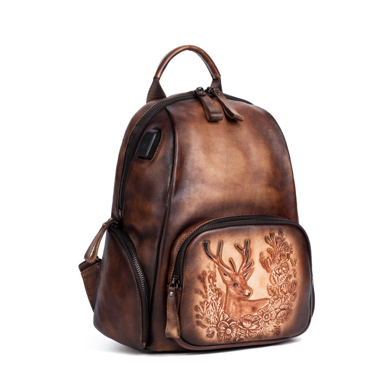 Retro Polished Top Layer Cowhide Personalized Deer Head Backpack