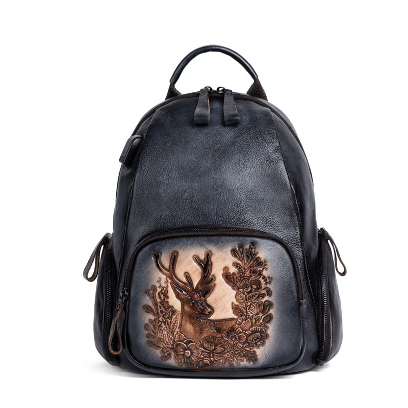 Retro Polished Top Layer Cowhide Personalized Deer Head Backpack